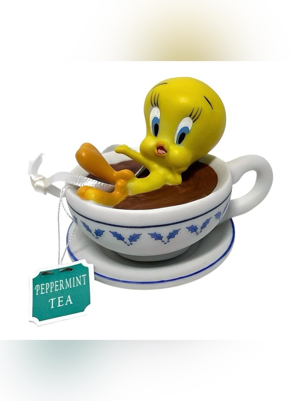 2001 Holiday Spa Tweety Bird Hallmark Tweety Yellow in White Teacup Ornament
